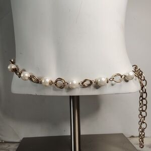 Large Faux Pearl and Gold Chain Belt Adjustable Sz Unisex 🔥